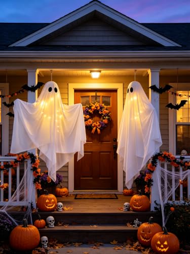 Halloween Ghost Decorations Outdoor Hanging Swing 47IN with LED Lights - Black+White, 2 Pack