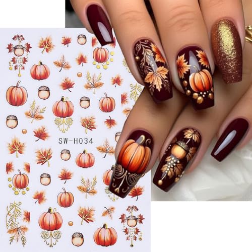 Halloween & Autumn Nail Art Stickers - Self-Adhesive Spider Web Pumpkin Ghost Leaves - 8 Sheets, Orange