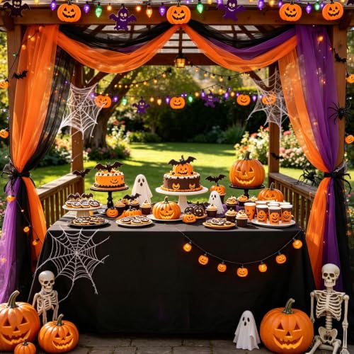 Halloween Gauze Table Runner Set - 3 Pcs Autumn Fall Party Decor - Orange Black Purple - Summerween