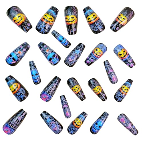 Halloween Fake Nails Set - Coffin Shape Full Cover Press On Nails with Pumpkin Skull Design - Medium Length - Variation 2