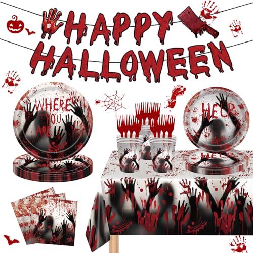 Halloween Bloody Handprint Party Plate Set for 24 Guests - Tableware & Decorations