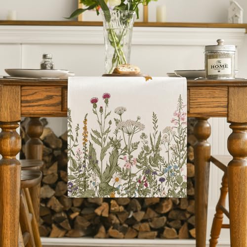 Antique Herbs and Wild Flowers Table Runner 13x90 Inch Off White Summer Fall Decor