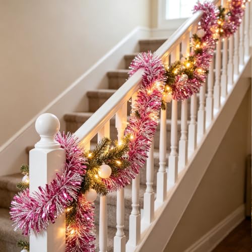 Rose Christmas Tinsel Garland 33 Ft Metallic Foil Decorations for Holiday & Party