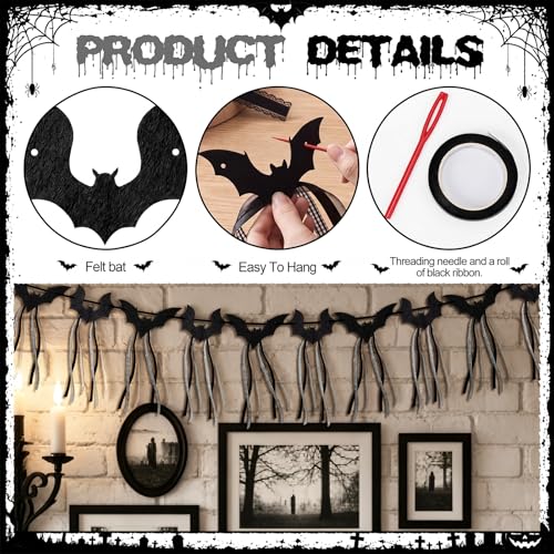 Halloween Bat Garland Set with Ribbons - Black Flying Bat Banners for Decorations