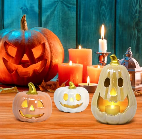 Set of 3 Halloween Ceramic Pumpkin Tea Light Holders Jack O Lantern Decor