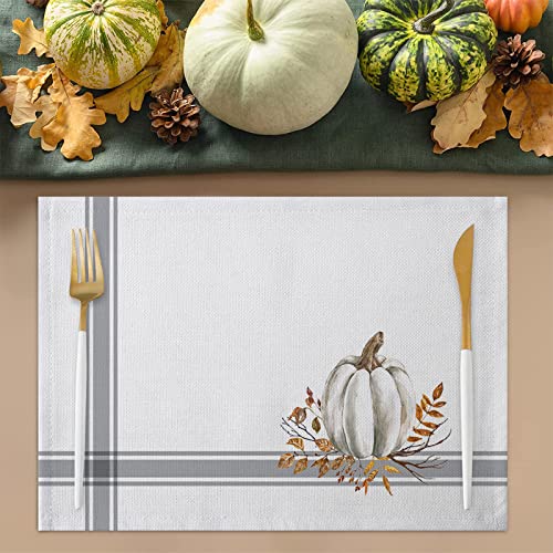 Gray 6-Piece Fall Thanksgiving Placemats with White Pumpkin Leaf Design - Cotton Linen Washable Table Mats