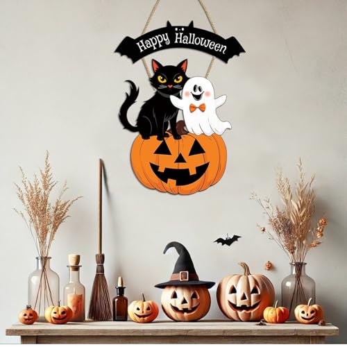 Wooden Halloween Welcome Sign - Indoor & Outdoor Decor with Pumpkin Ghost Black Cat Motifs