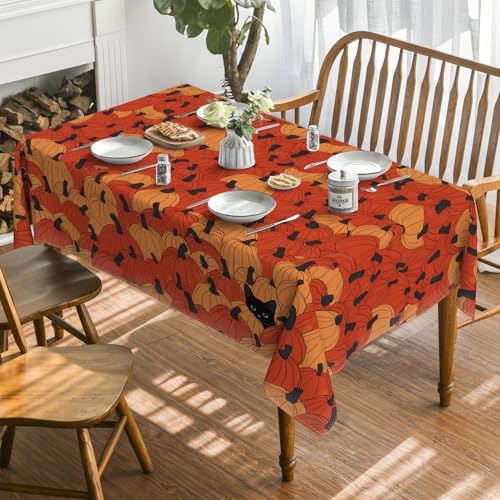 Horaldaily Fall Tablecloth 60x84 Inch Rectangular Black Cat Pumpkin Orange