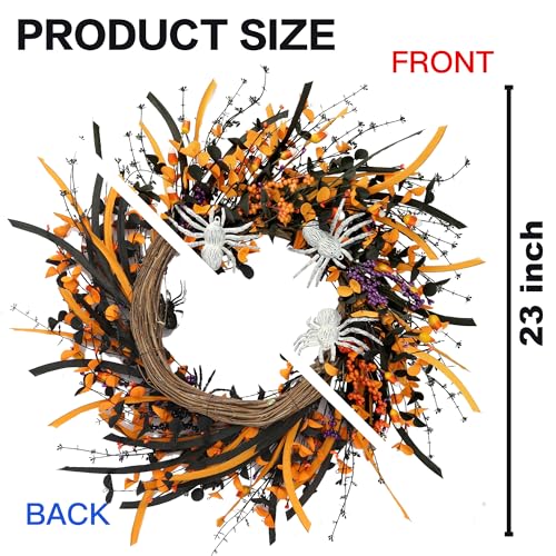 Halloween Wreath 23 Inch Artificial Spider Front Door Decoration - Black
