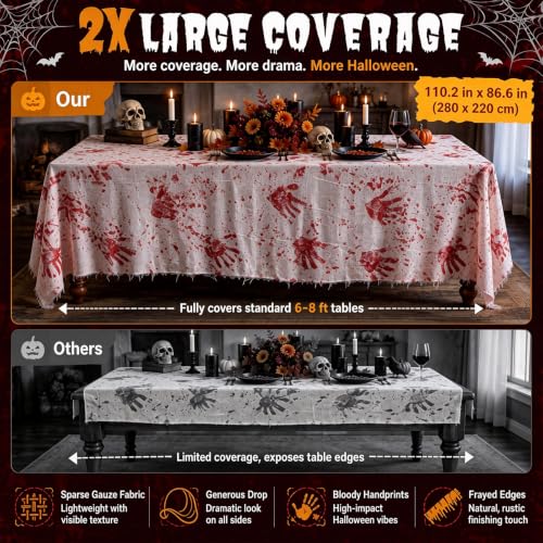 Large Bloody Handprint Halloween Tablecloth - Creepy Fake Blood Stained Cover, 84.6 x 108.3 Inches