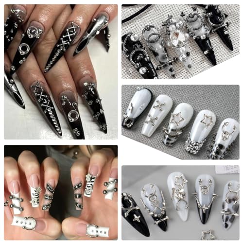 Punk Series Goth Nail Charms Set - Silver & Black Metal Nail Studs, 300+ Pieces