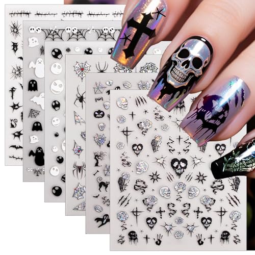 Halloween Nail Stickers Set - 6 Sheets Holographic Gothic Ghost Skull Spider Web Decor for DIY Manicure - Black & White