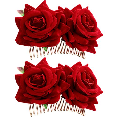 Women Red Rose Flower Hair Clips - Flamenco & Party Side Comb Set