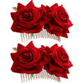 Women Red Rose Flower Hair Clips - Flamenco & Party Side Comb Set