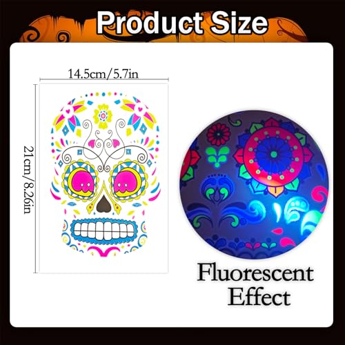Glow UV Skeleton Temporary Tattoos - Day of The Dead Sugar Skull Face Stickers, 9 Sheets