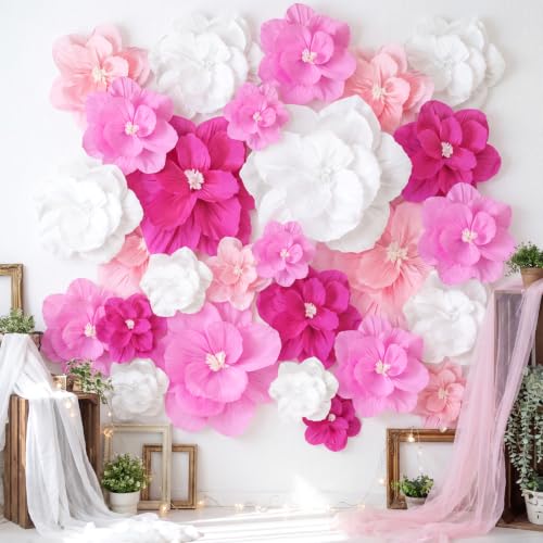 Pink Gradient 48 Pcs Giant Paper Flower Set - Large, Medium & Small Artificial Flowers for Party Decor