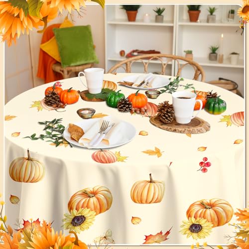 Sotiff 3 Pcs Fall Round Tablecloth 84 Inch Plastic Pumpkin Maple Leaf Design - Pumpkin1