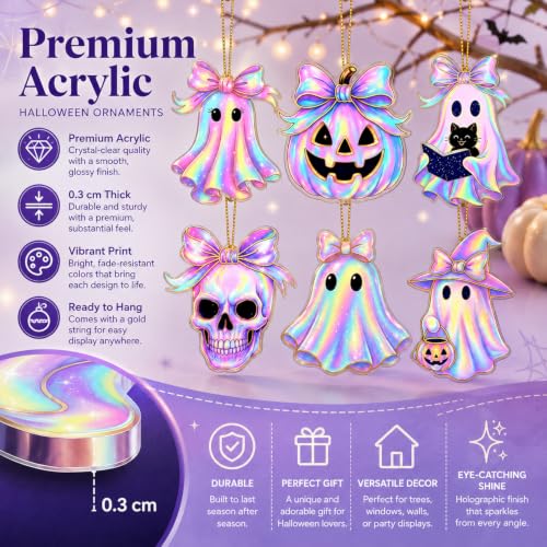 Halloween Hanging Ornaments Set - Pink Ghost Pumpkin Skull Glitter Bow Decorations - Style 6