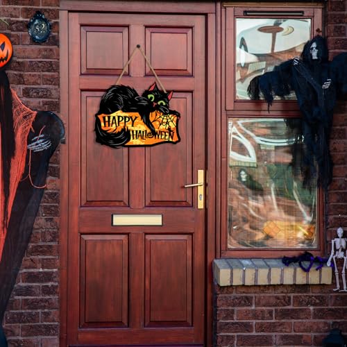 Black Cat Halloween Door Sign - Spooky Wooden Welcome Sign with Spider Web, 12x12 Inches - Variation of THIS listing