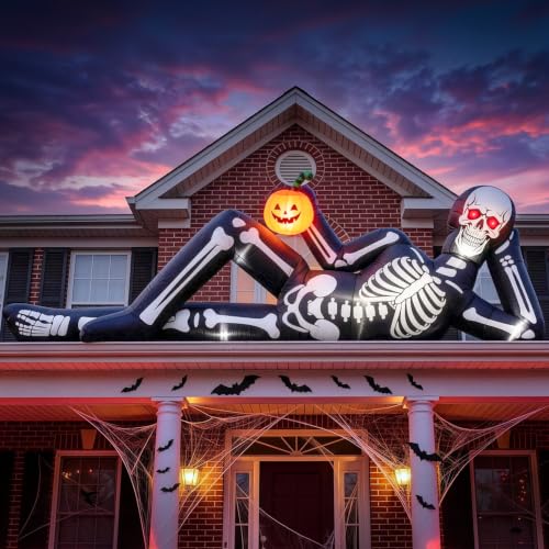 12FT Inflatable Halloween Skeleton Decoration with Glowing Red Eyes and Pumpkin Trunk