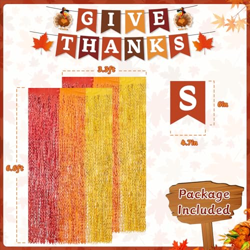 Thanksgiving Foil Fringe Curtain Backdrop with Give Thanks Banner - 2 Pack - Fall Party Decorations - Thanksgiving Variation