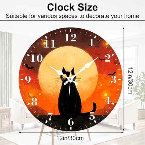 12-Inch Silent Wall Clock - Halloween Cat & Full Moon Design - Home Decor