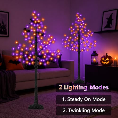 Lighted Halloween Artificial Tree Set - 6FT Black Birch with Orange & Purple LED Lights
