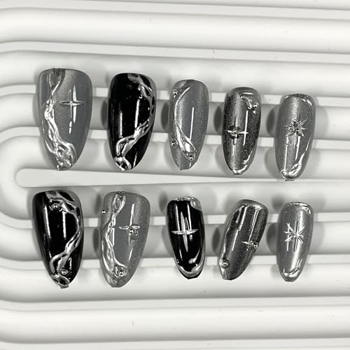 BABALAL Medium Almond Black Cat Eye Chrome Fake Nails - Silver Gothic Y2k Star, 30Pcs - Variation BFNZ013