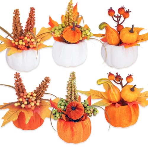 Velvet Fall Pumpkin Decor Set - 6 Artificial Mini Pumpkins for Halloween Thanksgiving