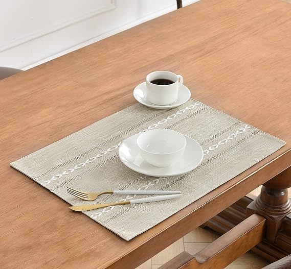 Hemstitched Cotton Linen Place Mats Set of 6 - Coffee Embroidered Boho Table Decor