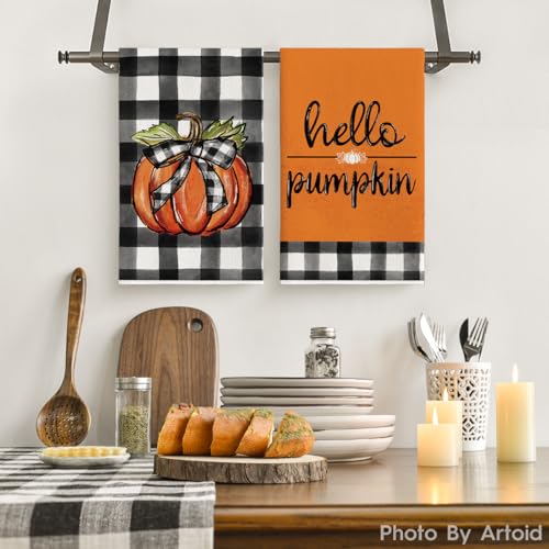 Hello Pumpkin Fall Kitchen Towels Set of 2 - 18x26 Inch Absorbent Dish Towels