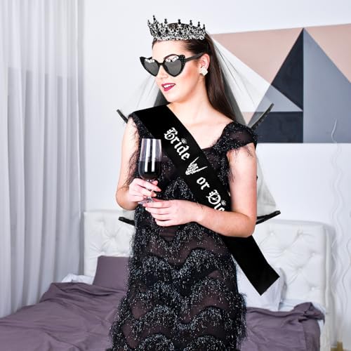 Gothic Bride Bachelorette Party Decorations Set - Black Tiaras Veil Sash & Glasses