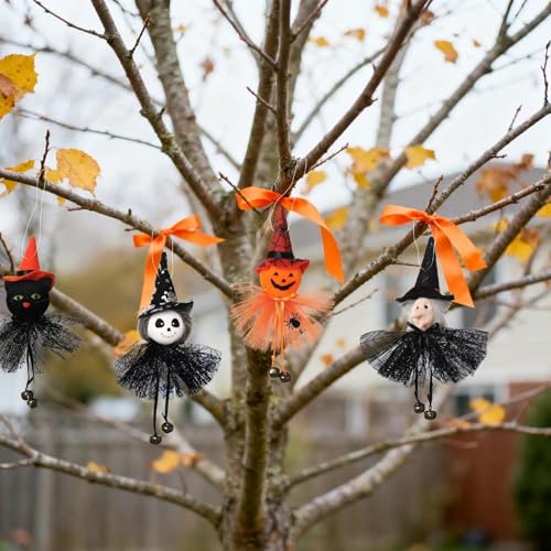 Halloween Hanging Bell Decor Set - 4PCS Pumpkin Ghost Witch Black Cat - Color-02