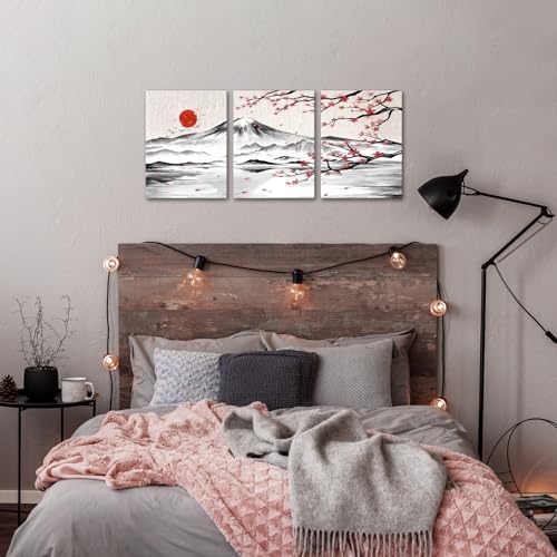 Japanese Cherry Blossom Mount Fuji Canvas Wall Art Set - 12x16 Inches, 3 Pieces