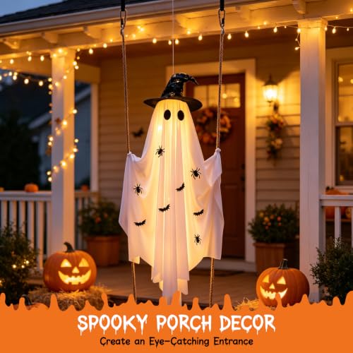 White Lighted Swing Ghost Halloween Decoration - 5FT Outdoor Hanging Ghost with Wooden Swing, 30 LED Lights & Remote