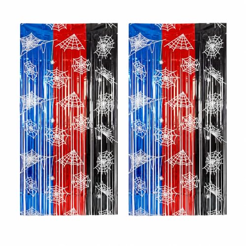 Spider Web Foil Fringe Curtain Backdrop for Halloween & Party Decorations - 2 Pack