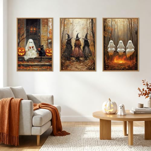 Halloween Wall Art Set of 3 - Framed Gothic Witch Crow Raven Black Cat 24x36 Inches