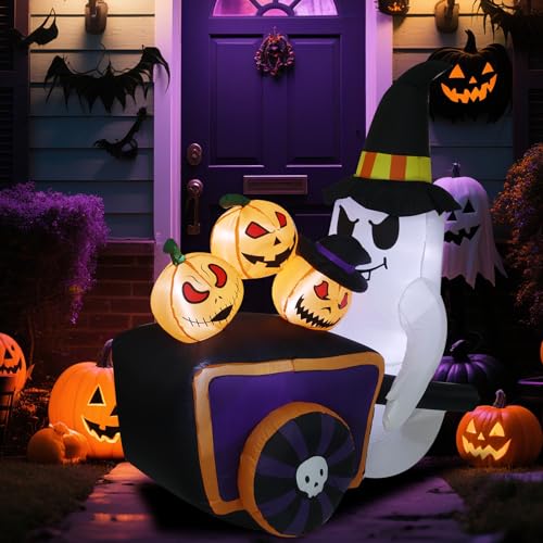 6FT Inflatable Halloween Ghost with Pumpkins Lighted Yard Decor, Outdoor Friendly