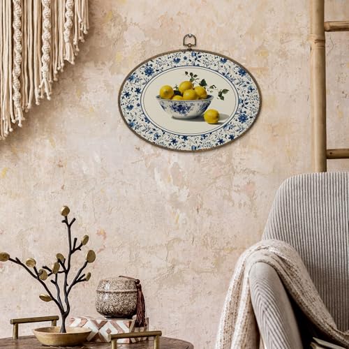 Oval Wall Art Decor - Chinoiserie Floral Lemon Design, 8.6x11.4 inches - Lemon-C Variation