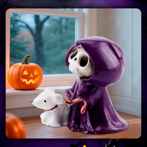 Halloween Ghost Decor Figurine - Cute Resin Spooky Statue for Home & Office, Purple & White