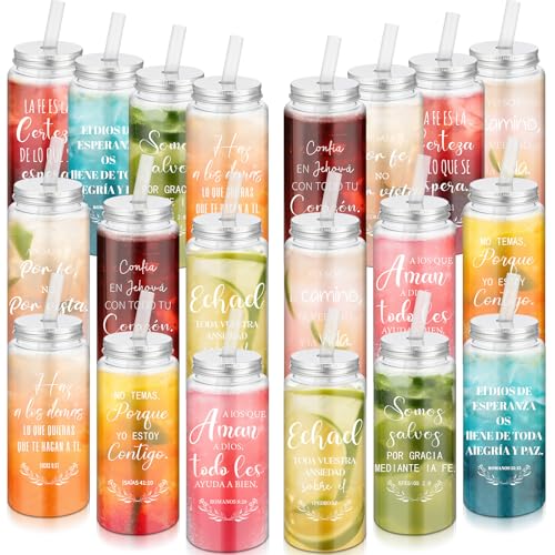 Spanish Christian Gift Cups 20 Pack - Reusable 13.5 oz Mason Jar with Straw & Lid