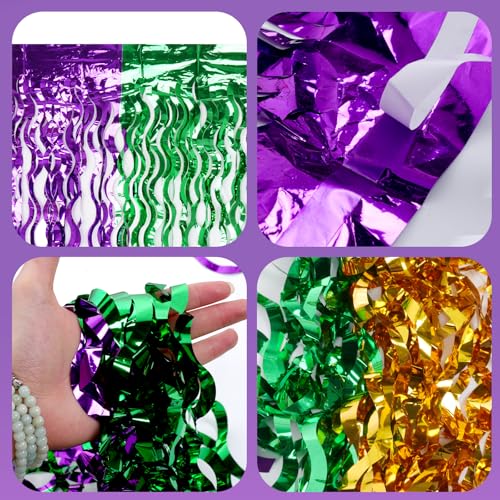 Metallic Tinsel Foil Fringe Table Skirts - 2 Pack, Purple Green Gold, Wavy Party Decor