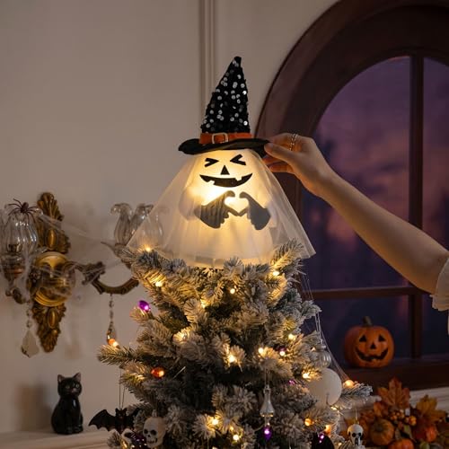 Halloween Ghost Tree Topper with Timer & Lights - 10.5 Inch Indoor Christmas Decor