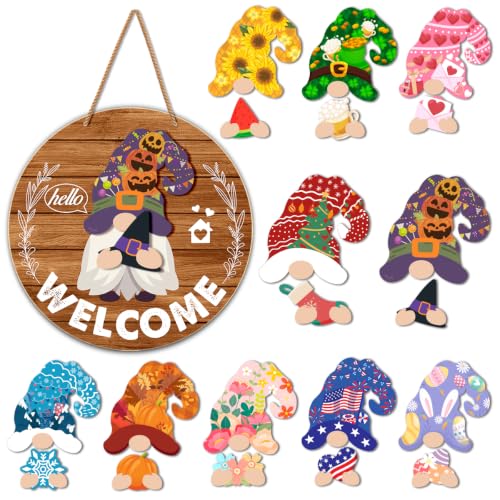 Yuzi-n Interchangeable Gnome Welcome Sign Fall Halloween Front Porch Decor - Red Brown