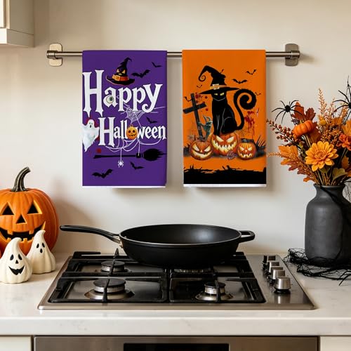 Halloween Kitchen Towels Set of 2 - Cat Pumpkin Halloween Decor - Hexagram