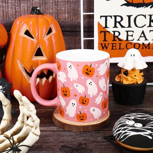 Pink Halloween Mug Ghost Pumpkin Ceramic Coffee Cup 12oz - Ghost & Pumpkin Design