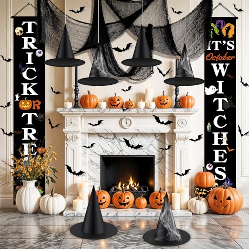 Halloween Outdoor Decorations Set with Banners Witch Hats Bats Creepy Cloth