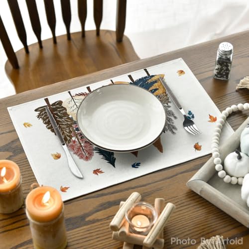 12 x 18 Inch Fall Leaves Placemats Set of 4 - Beige, Rectangular, Durable Polyester