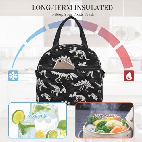 Camouflage Dinosaur Skeleton Insulated Lunch Bag with Adjustable Strap - Black4
