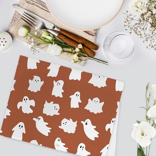 Halloween Ghost Kitchen Towels Set of 2 - Burnt Orange Fall Hand Dish Towels